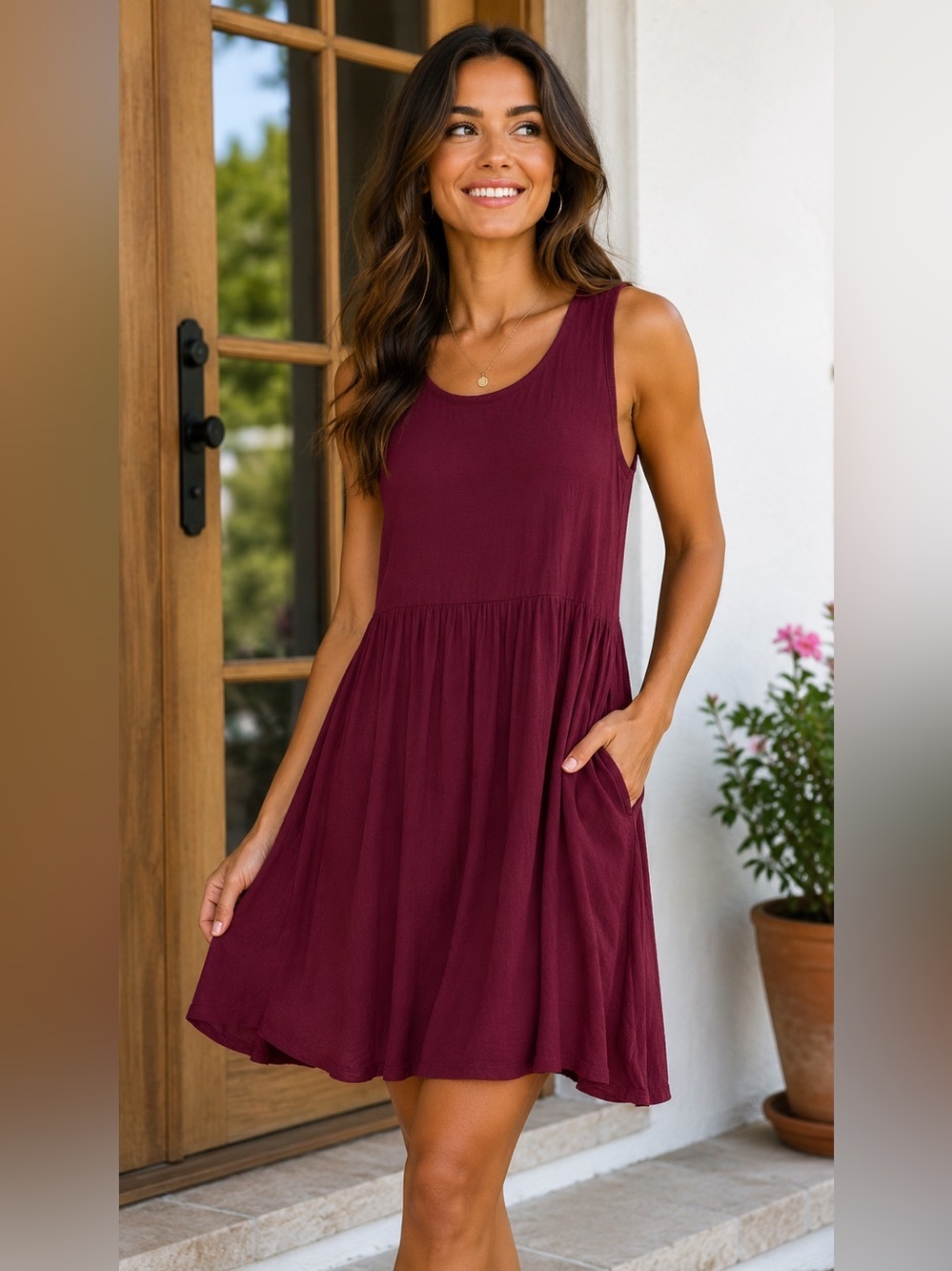 Sleeveless Burgundy Dress with Gathered Skirt and Pockets